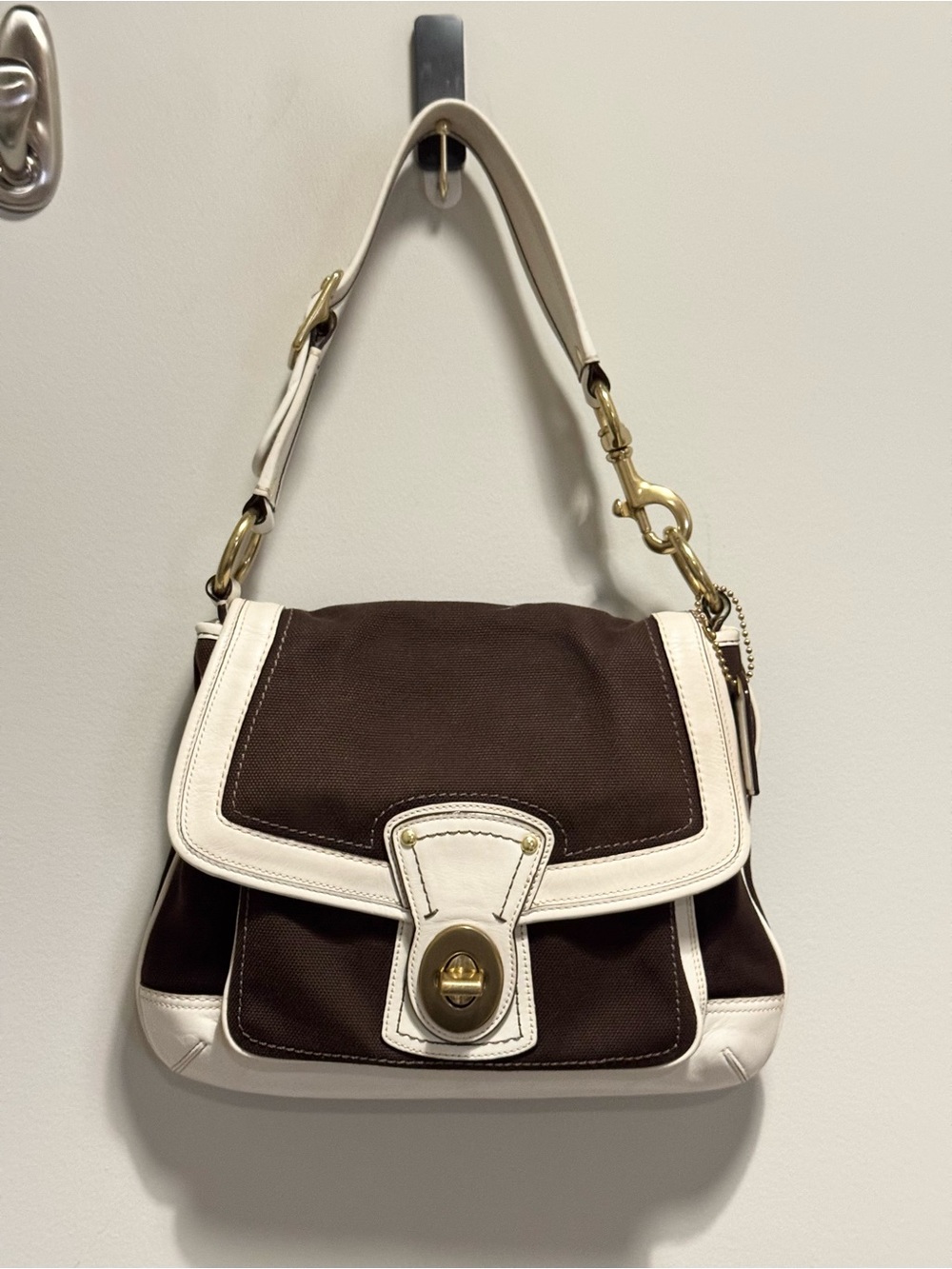 Coach Legacy Ali Shoulder Bag in Brown Canvas with White Leather Trim